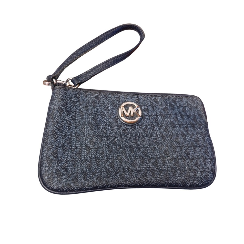 Michael Kors Navy Blue Monogram Wristlet Pouch MK Logo Silver Tone Hardware